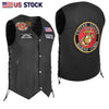 Black men's genuine leather motorcycle vest with seven pockets by Buffalo Leather Gear, featuring a rugged biker style.