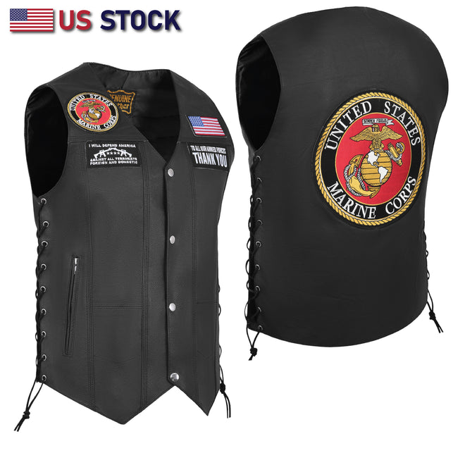 Black men's genuine leather motorcycle vest with seven pockets by Buffalo Leather Gear, featuring a rugged biker style.