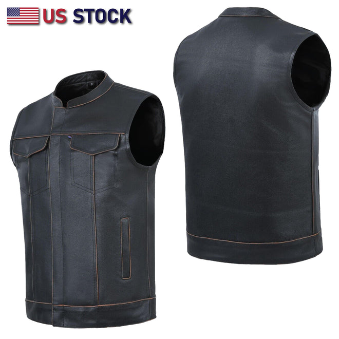 SOA Men's Rub Buff Leather Vest Anarchy Motorcycle Biker Club with Utility Pockets | HL11689RUB