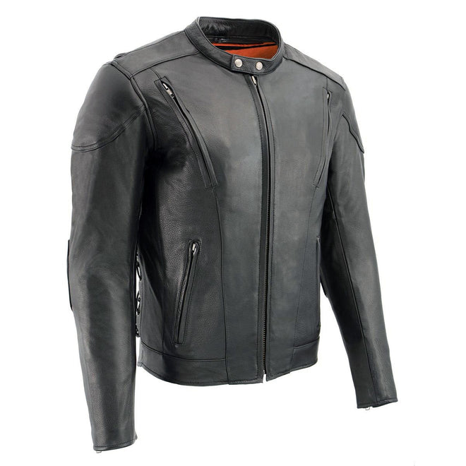 Milwaukee Leather ML1010 men's black leather scooter jacket with side lace vents, stylish and vented men's jacket for riding.
