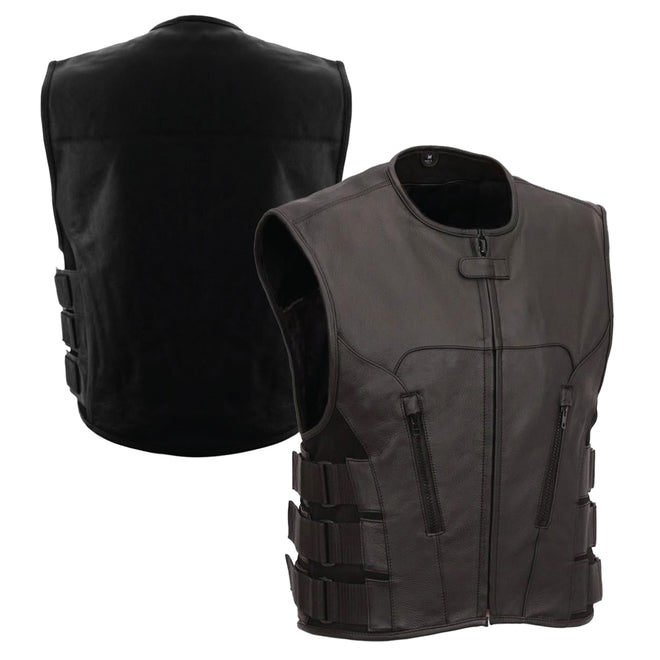 Naked Swat team style leather motorcycle vest for men by Buffalo Leather Gear, featuring a sleek, tactical design with multiple pockets.