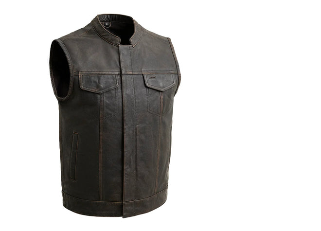 Olive green men's motorcycle leather vest by Sharp Shooter, featuring sturdy construction and adjustable straps, from FIRST MFG.