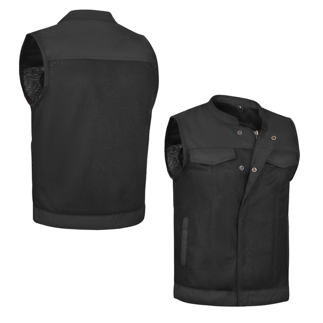 Black men's mesh vest by PAPAS LEATHER, featuring a lightweight breathable design with a mesh fabric, front zipper, and sleeveless style.