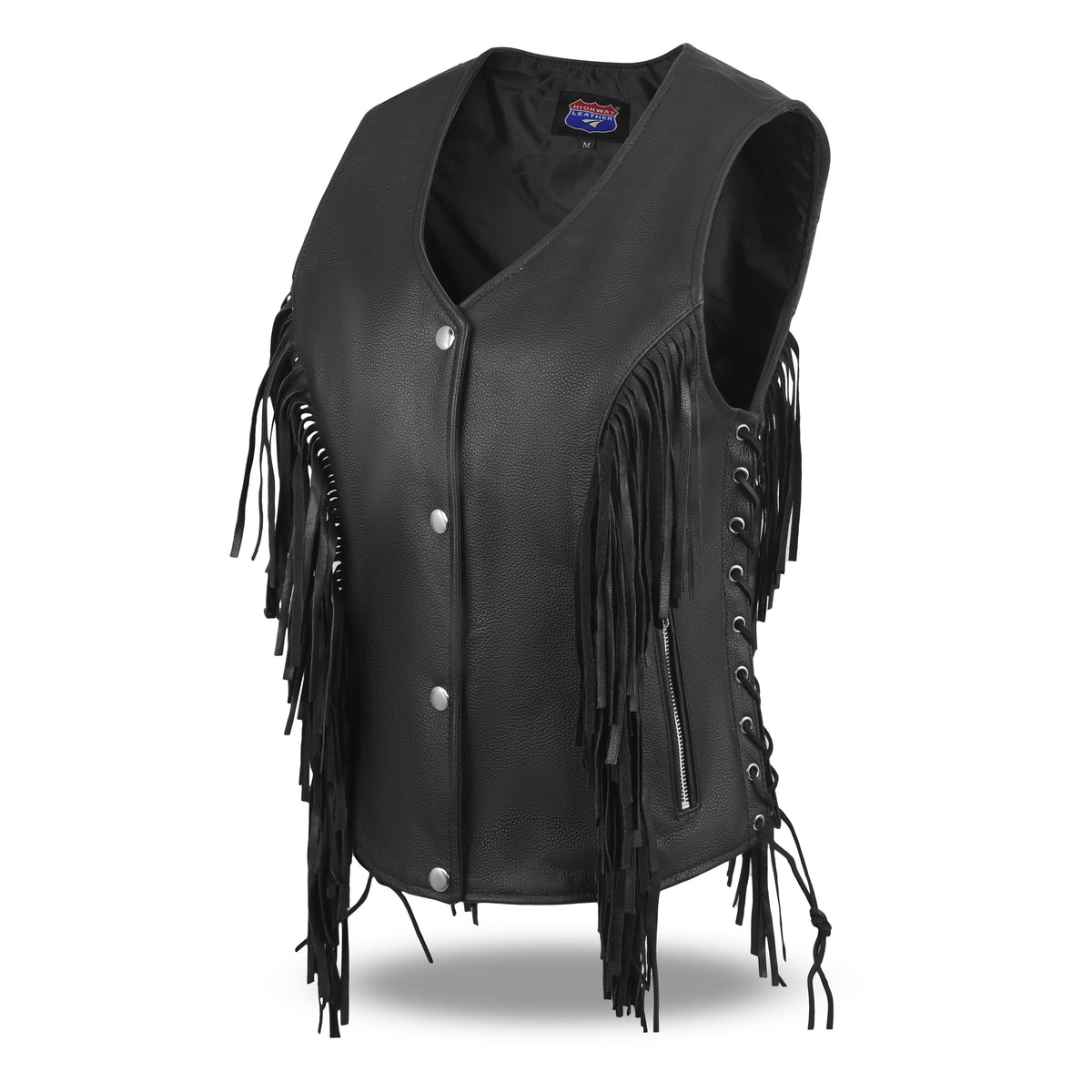 Women's black leather motorcycle vest with fringe, snap front and zippered pockets, front view