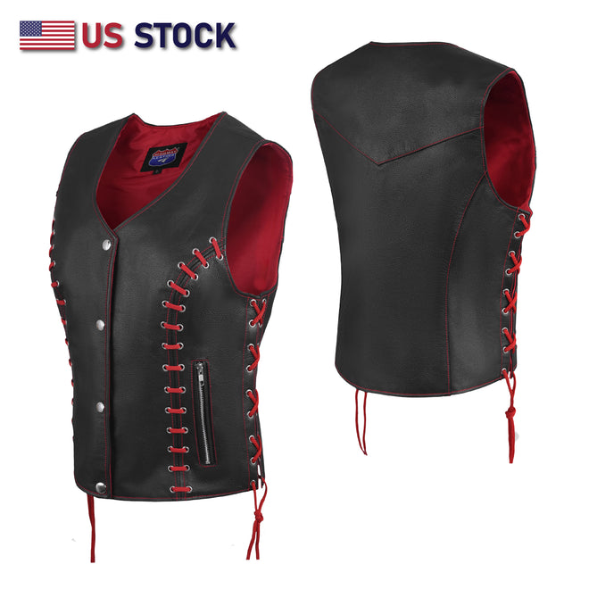 Red Buffalo Leather Gear women's eyelet side lace vest with side laces, crafted from red and black buffalo leather.