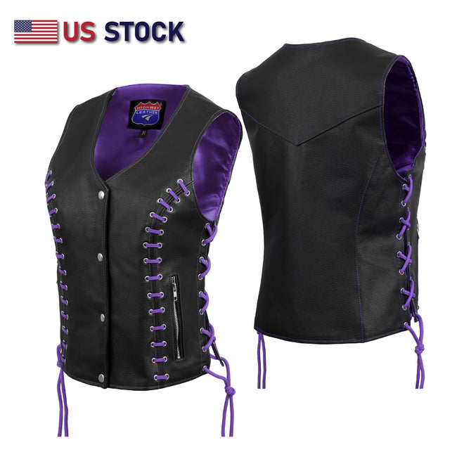 Purple eyelet women’s side lace vest by Buffalo Leather Gear, made of purple and black buffalo leather.