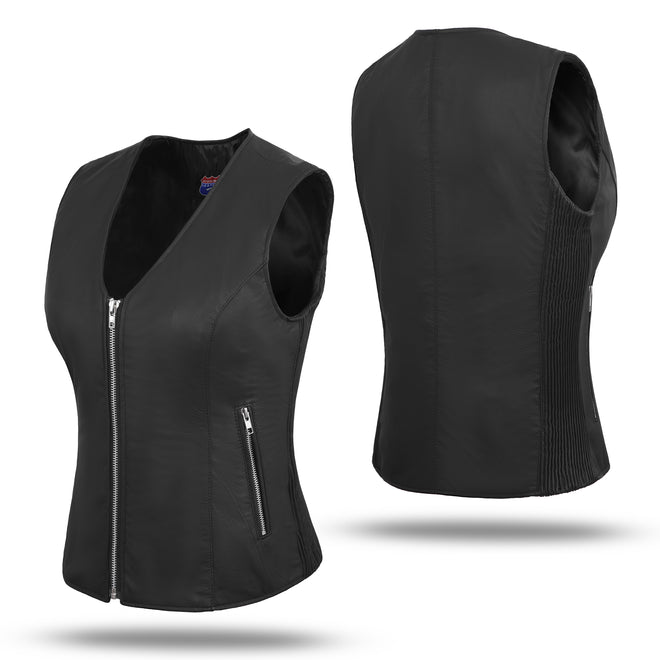 Black women's side stretch vest made of soft lamb leather by Buffalo Leather Gear, shown on a model.