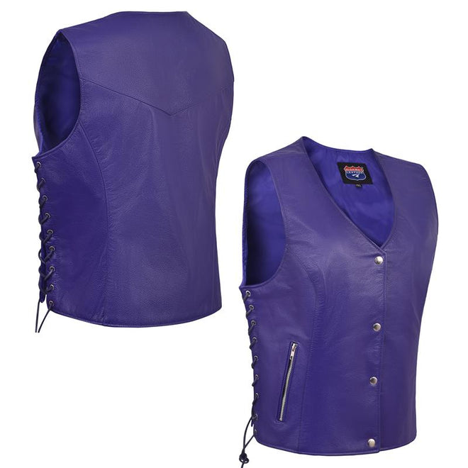 Purple women's lace-up side leather motorcycle vest by Buffalo Leather Gear, featuring front laces and a fitted design.