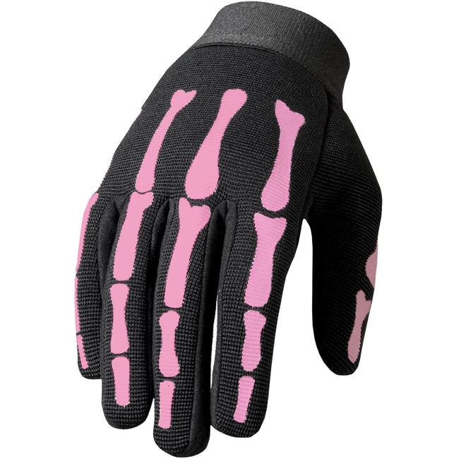 Hot Leathers Pink Skeleton Ladies Mechanics Gloves, close-up of pink gloves with skeleton design, made for women mechanics and bikers.