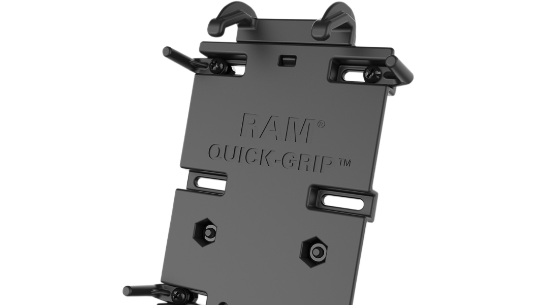 Drag Specialties RAM-HOL-PD4238A cup and phone holder mount attached to a motorcycle handlebar with a black finish.