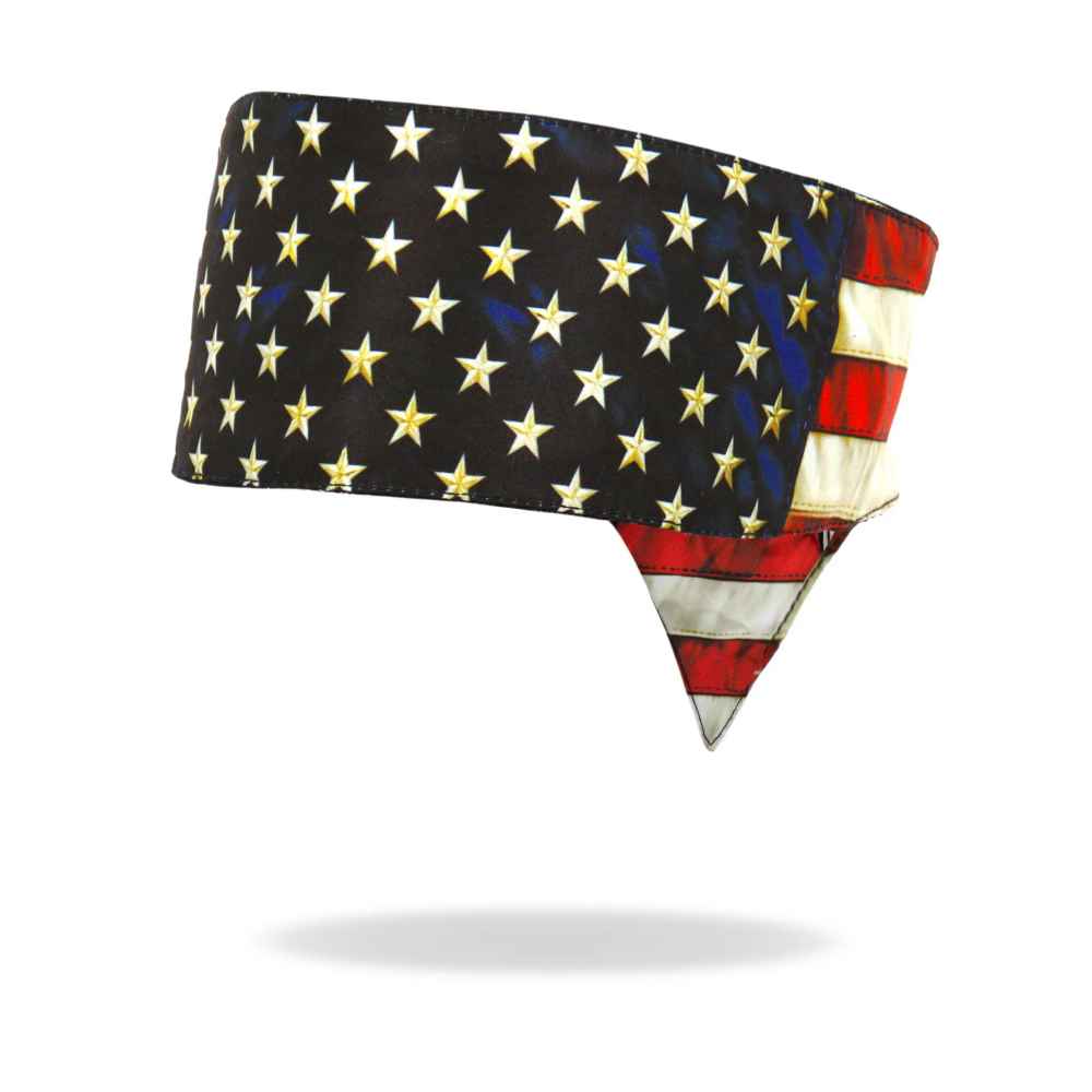 Hot Leathers vintage American flag road wrap bandana, headband with patriotic stars and stripes, versatile accessory for bikers.