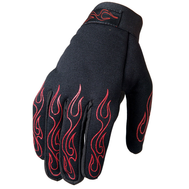Hot Leathers GVM2002 unisex black textile mechanic gloves with red flame design, durable and comfortable for working or riding.