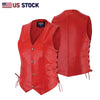 Buffalo Leather Gear women's red leather vest, motorcycle club style with collar and front zipper, casual and edgy fashion.