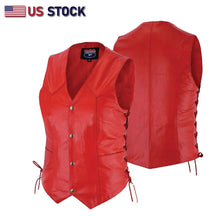 Buffalo Leather Gear women's red leather vest, motorcycle club style with collar and front zipper, casual and edgy fashion.