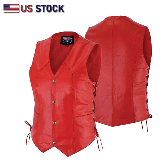 Buffalo Leather Gear women's red leather vest, motorcycle club style with collar and front zipper, casual and edgy fashion.
