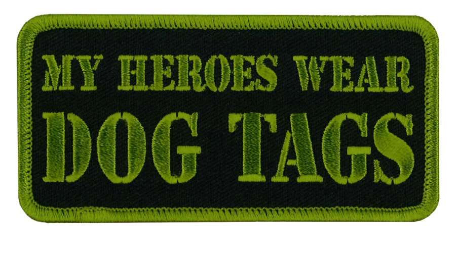 Hot Leathers PATCH MY HEROES WEAR dog tags patch with detailed design, rectangular shape, and bold lettering.