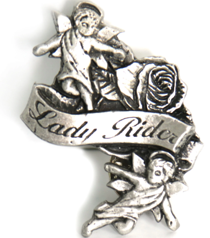 Hot Leathers PIN LADY RIDER ANGELS-PNA1041 pin featuring a detailed design of angel wings and a lady rider.