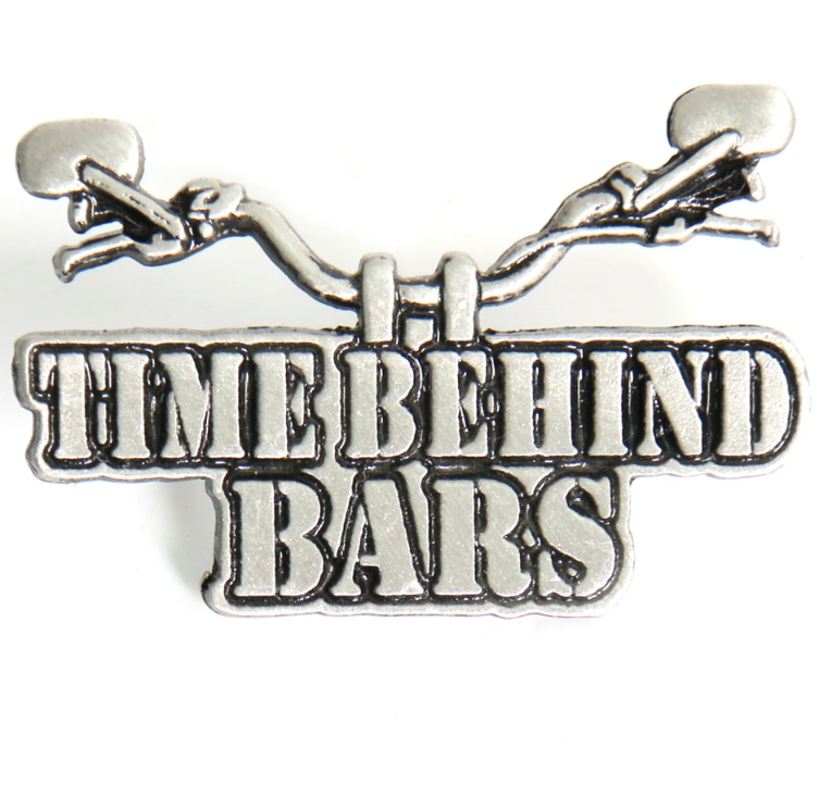 Hot Leathers PIN TIME BEHIND BARS-PNA1136 pin featuring a design with bars and the PIN TIME motif, perfect for motorcycle enthusiasts.