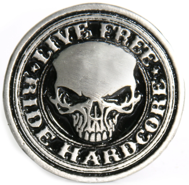 Hot Leathers skull hardcore pin stencil featuring a detailed skull design on a metal pin for accessories or collectibles.
