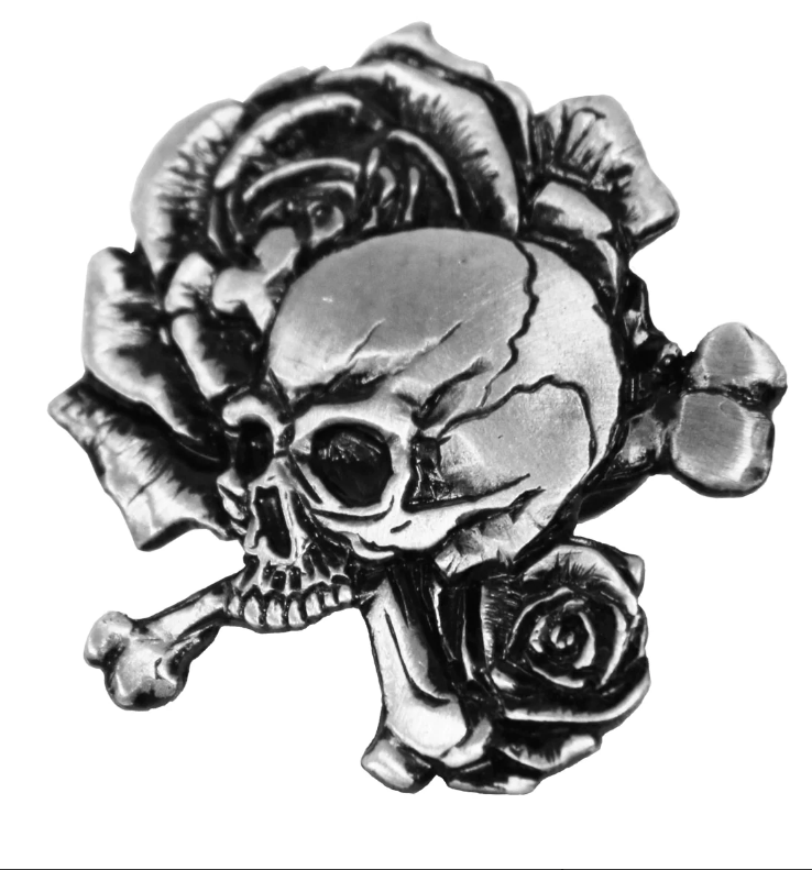 Hot Leathers skull and roses pin, metal accessory with detailed skull and floral design, ideal for motorcycle or biker jackets.