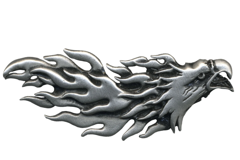 Hot Leathers PIN EAGLE FLAMES-PNA1304 featuring an eagle design with flames, perfect for motorcycle or leather jacket accessories.