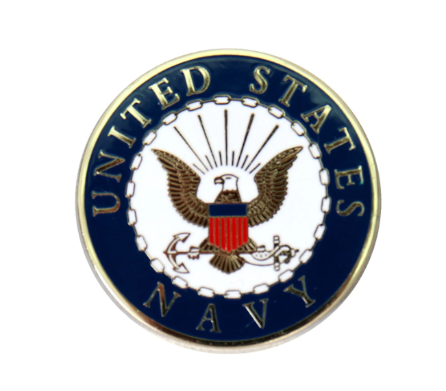Navy logo pin by Hot Leathers with US Navy emblem and branding, designed for collectible or decorative wear.