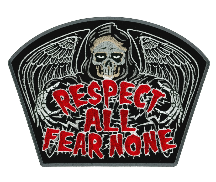 Hot Leathers PATCH RESPECT ALL FEAR NONE 10-inch patch with bold lettering, designed for motorcycle jackets or vests.