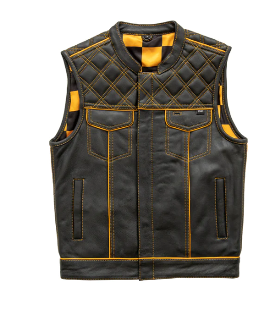 Men's vest from FIRST MFG with a gold checker finish, part of the M047 Finish Line collection, showcasing stylish fabric details