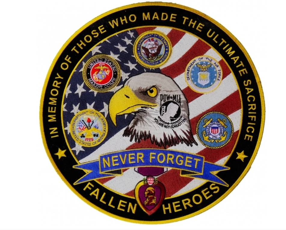 Patch featuring "In Memory of Fallen Heroes" design from THE CHEAP PLACE, with patriotic imagery honoring fallen heroes.