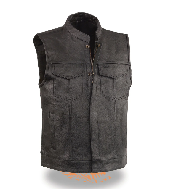 Milwaukee Leather men's open neck vest with snap and zip front, club style, black leather, showcasing its sleek design and front closures.