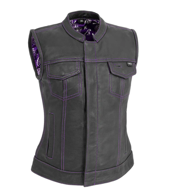 Jessica women's purple motorcycle leather vest by FIRST MFG featuring a club style design and leather construction.