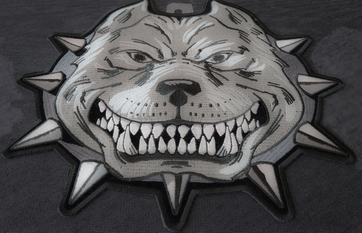 Gray Pitbull patch from THE CHEAP PLACE, 10x9.5 inches, featuring detailed design on fabric patch with bold colors.
