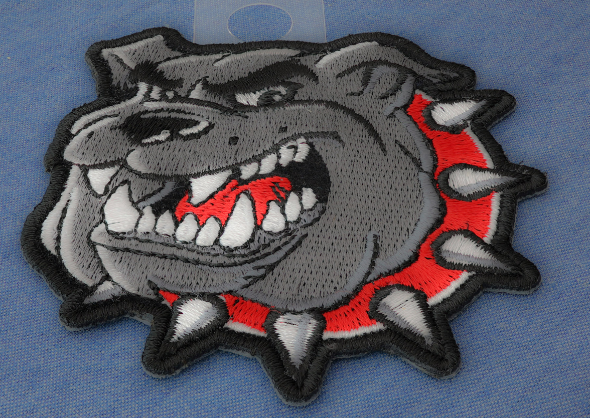Red Bulldog patch from THE CHEAP PLACE, 3x3 inch iron-on embroidery patch featuring a realistic bulldog design.