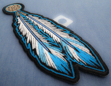 P4321 Blue White Feathers Patch - 2.25x6.5 inch - HighwayLeather