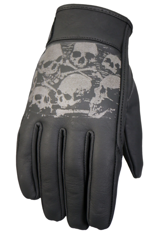 Hot Leathers GVM1304 ancient skull leather gloves with detailed skull design, perfect for motorcycle or biker fashion.