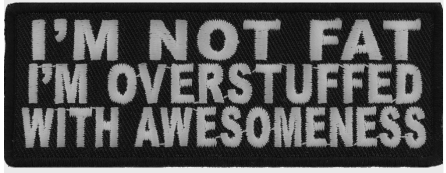 Overstuffed Wit patch from THE CHEAP PLACE featuring humorous patch design, measuring 4x1.5 inches for clothing or accessories.