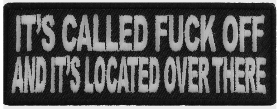 L-P3521 "Fuck Off" patch from THE CHEAP PLACE, 3.5x3.5 inch embroidered patch with bold text on fabric background.