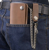 Milwaukee Leather men's 6-inch brown leather bi-fold biker wallet with anti-theft steel chain and buffalo nickel snaps.