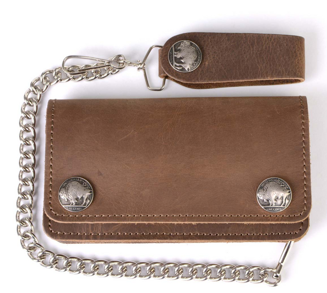 Milwaukee Leather men's 6-inch brown leather bi-fold biker wallet with anti-theft stainless steel chain and buffalo nickel snaps.