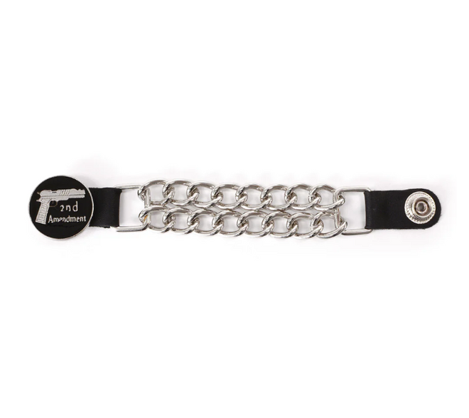 Milwaukee Leather 2nd Amendment medallion vest extender with double chrome chains and genuine leather, 6.5 inches long.