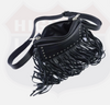 Open fringe hip bag showing the zippered main compartment
