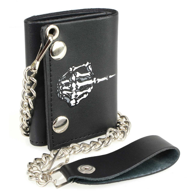 Milwaukee Leather men's 4-inch leather skeleton finger tri-fold wallet with anti-theft stainless steel chain, showing detailed leather texture.