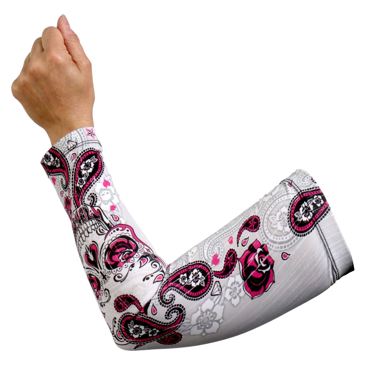 Hot Leathers Sugar Paisley Arm Sleeve featuring a vibrant paisley design on a fabric arm sleeve.