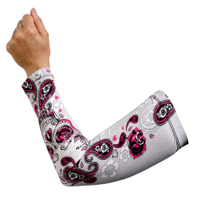 Hot Leathers Sugar Paisley Arm Sleeve featuring a vibrant paisley design on a fabric arm sleeve.