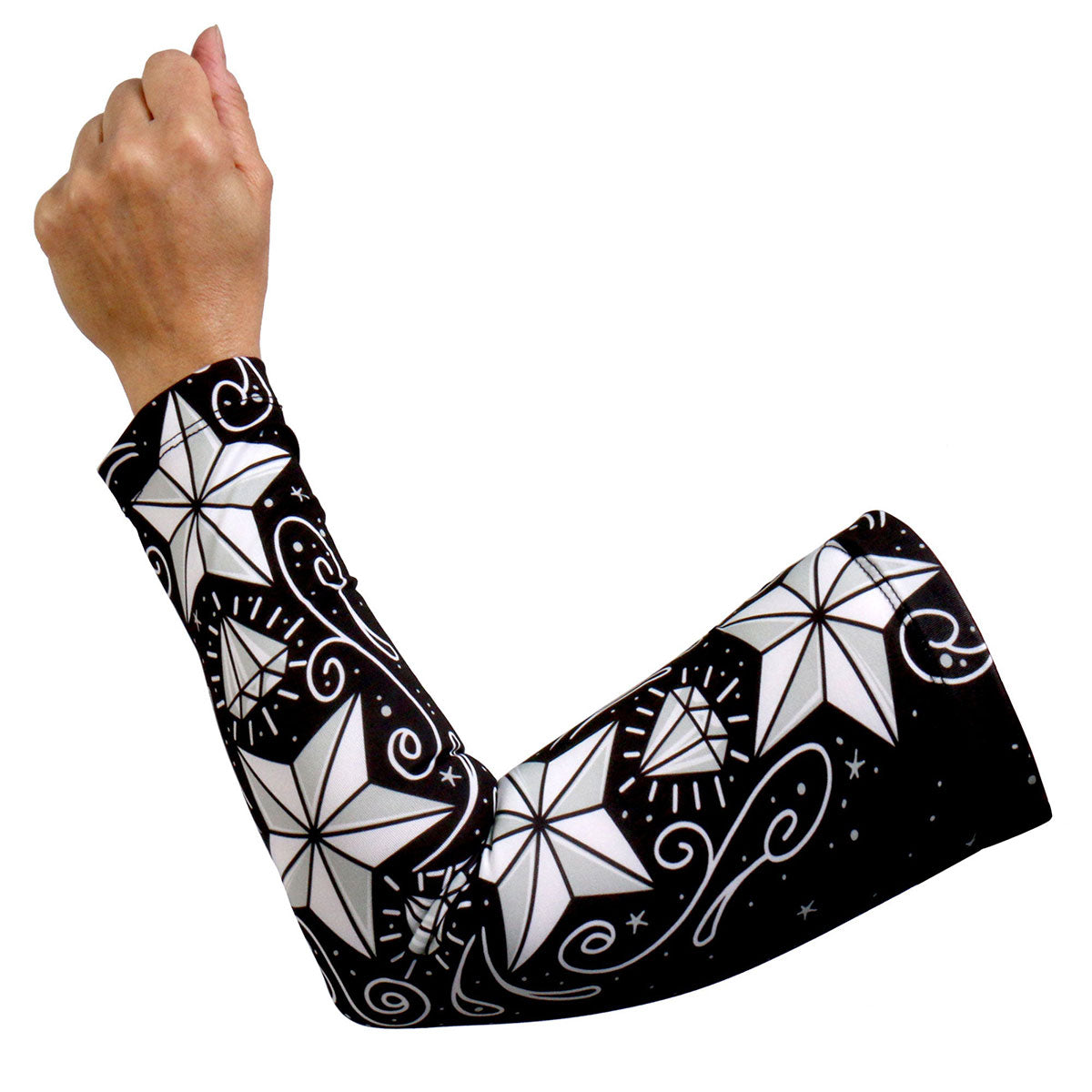 Hot Leathers Sugar Stars arm sleeve showcasing a stylish design with white sugar star patterns on black fabric.