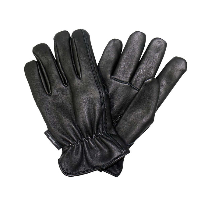 Unisex grey and black deer skin leather gloves with flannel lining, designed for warmth and style by Hot Leathers.