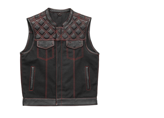 Men's motorcycle vest by FIRST MFG, red Stitch FIM664CNVQ Hunt Club vest in leather and canvas, featuring rugged, stylish design.