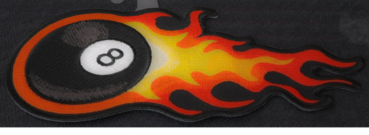 P7085 Flaming 8 Ball Iron on Biker Patch - 7.25x3.5 inch - HighwayLeather
