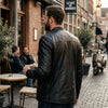 Buffalo Leather Gear men's black mandarin collar long sleeve leather shirt, stylish men's jacket with sleek leather design.