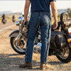 Blue denim motorcycle riding chaps by Buffalo Leather Gear, lightweight design with motorcycle style detailing.